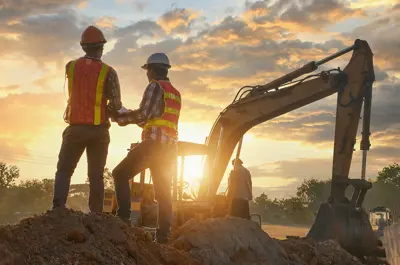 two construction contractors talking near a backhoe at a work site
