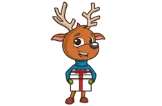 Donner - reindeer with blue sweater holding a present.
