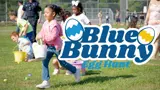 Kids running to pick up easter eggs and the logo for the Blue Bunny Egg Hunt.