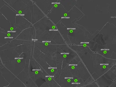screenshot of the Bryan flood early warning system map with dots representing the water level beacons