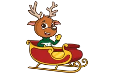 Dasher - reindeer wearing a green sweater in a sleigh.