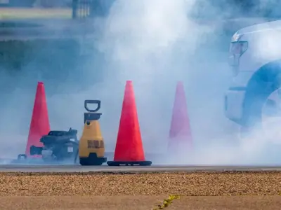 traffic cones around a cloud of smoke at a testing location.