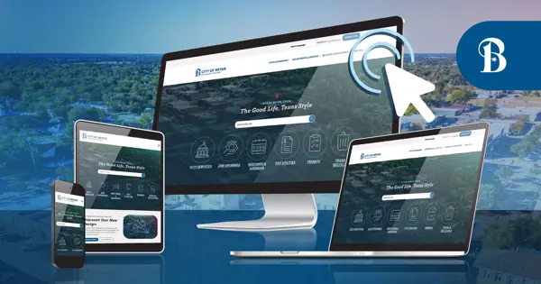 lineup of various digital devices displaying the newly redesigned City of Bryan website