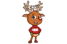 Rudolph - reindeer wearing red sweater with Christmas lights in his antlers.