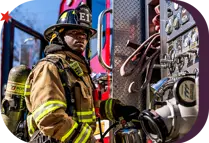 Bryan firefighter wearing full gear standing at the equipment on the side of the fire truck