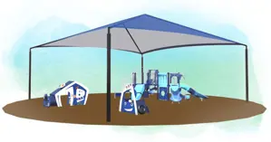 rendering of a playground designed for ages 2-5, featuring a large shade structure over the equipment