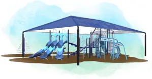 rendering of a playground designed for ages 5-12, featuring a large shade structure over the equipment