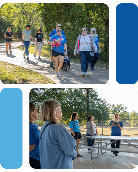 collage of images showing a group of people in a park walking and an educational session with a doctor