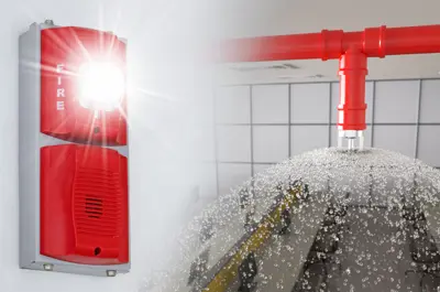 flashing fire alarm mounted on a wall with sprinkler system spraying water