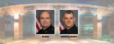 Photos of retiring Chief Buske and Interim Chief Swartzlander on top of a photo of the Bryan Police Department.