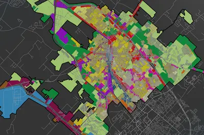 interactive map of Bryan with color coded boundaries and markings present.