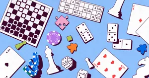 illustration of classic game pieces laying out, including cards, chess, game boards and dice