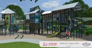 graphic rendering view of tall play structures in the future Midtown Legacy Park
