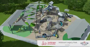 graphic rendering aerial view of the future Midtown Legacy Park
