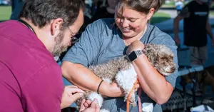 animal center staff administering vaccination to a dog being soothed