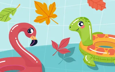 illustration of cute inflatable pool floats surrounded by falling leaves turning color as autumn approaches