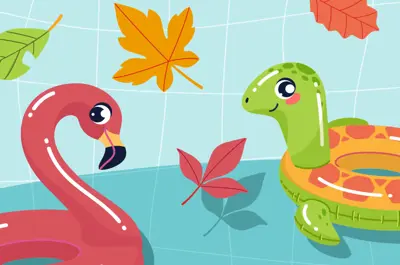 illustration of cute inflatable pool floats surrounded by falling leaves turning color as autumn approaches