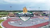 Games of Texas logo over an aerial view of E.B. Cushing Stadium's track.