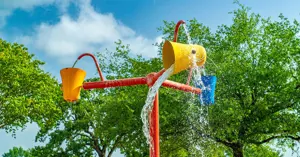 pole with three rotating buckets splashing water.