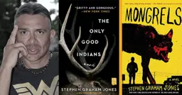 Author Stephen Graham Jones and two of his book covers, The Only Good Indians and Mongrels
