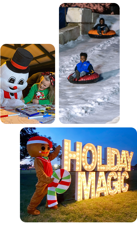 photo collage of holiday magic activities, including snow tubing, crafts with a snowman, and holiday light displays.