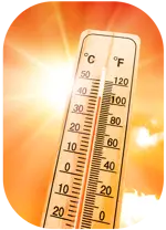 thermometer displaying high temperature against a hot sun