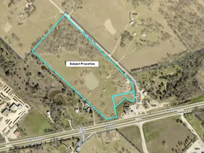 aerial map outlining 24.59 acres of land out of the John Williams League, Abstract No. 237, located generally northwest of the intersection of W. State Highway 21 (SH 21) and Smetana Road in the City of Bryan’s extraterritorial jurisdiction in Brazos County, Texas (case no. ANN25-04)