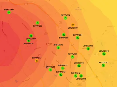 B-FEWS interface screenshot with radar map showing rainfall density and scattered icon dots indicating water level beacon readings