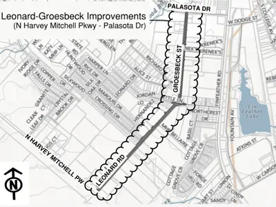 Map of Leonard-Groesbeck Improvements, spanning between North Harvey Mitchell Parkway and Palasota Drive
