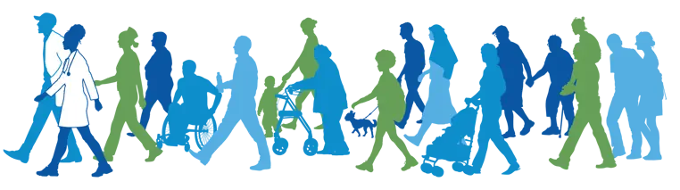 line of colorful silhouettes walking and following two doctors.