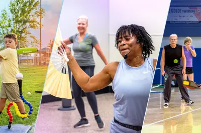 snapshots of various fall programs such as baseball, dance cardio, and pickleball.