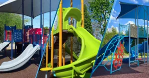 closeup of features on three new spring 2026 park playgrounds in Claude Scurry Park, Copperfield Park, and Ibarra Park