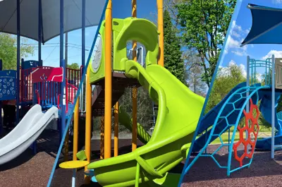 closeup of features on three new spring 2026 park playgrounds in Claude Scurry Park, Copperfield Park, and Ibarra Park