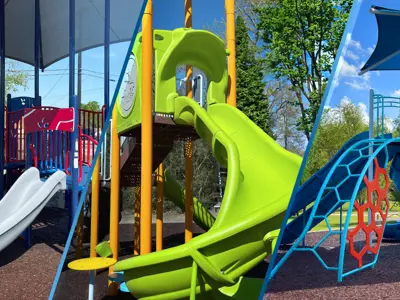 closeup of features on three new spring 2026 park playgrounds in Claude Scurry Park, Copperfield Park, and Ibarra Park