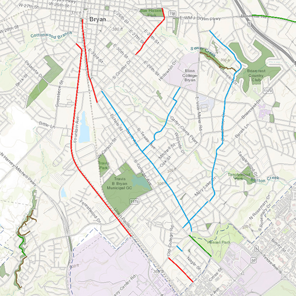 A map of bryan bicycle lanes and trails