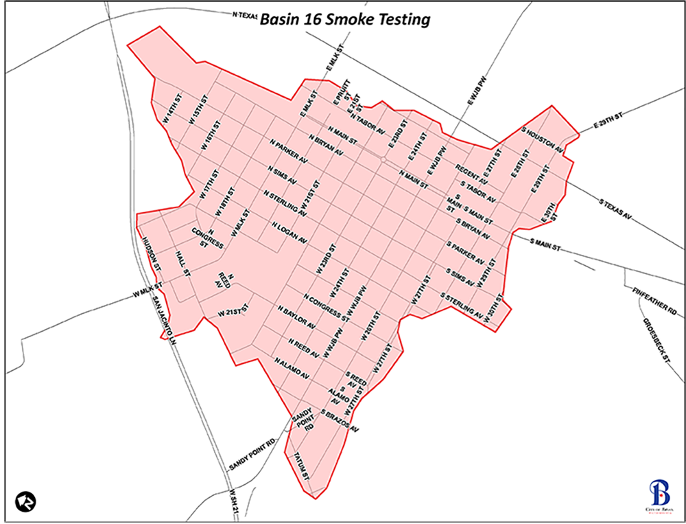 map of area of Bryan that will undergo sewer line smoke testing in April 2019