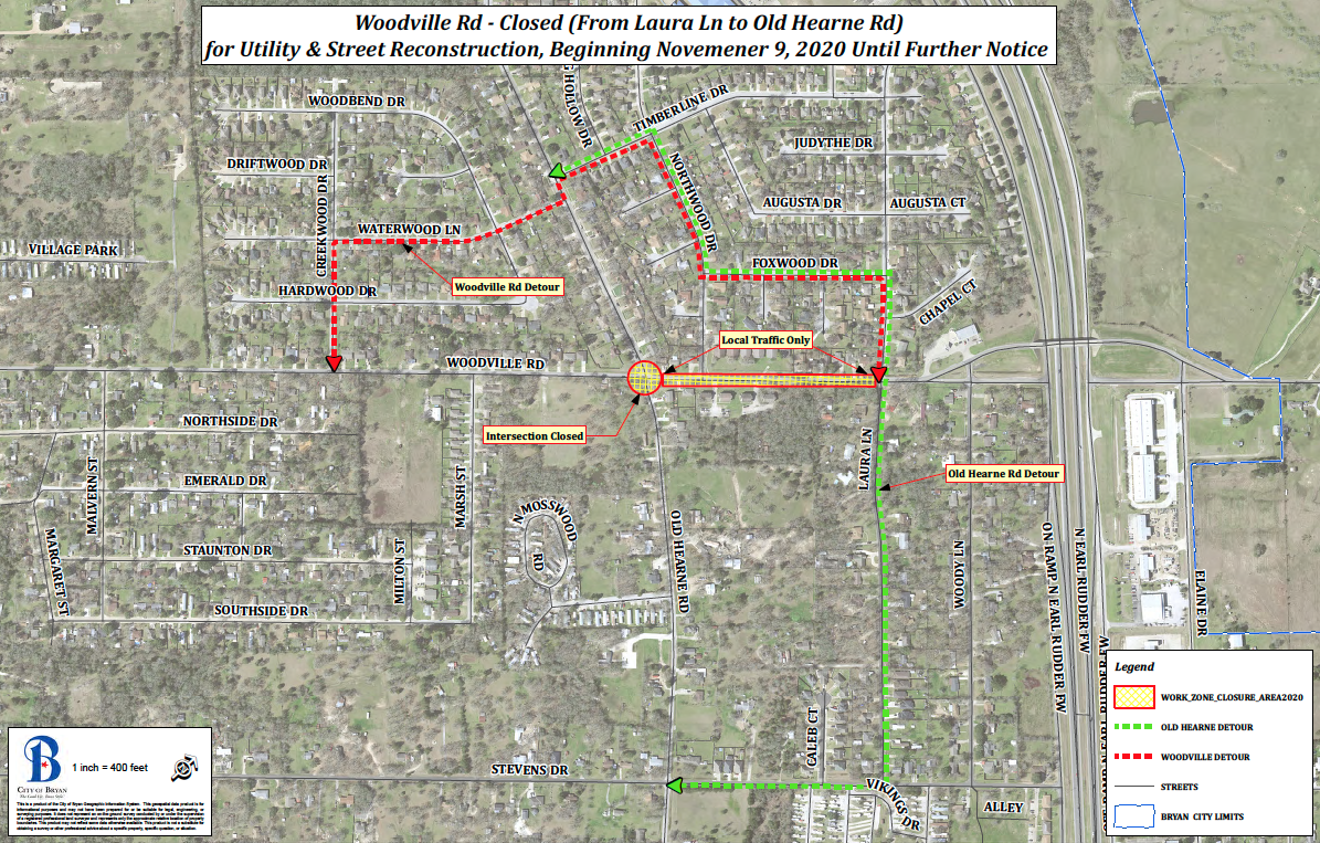 Woodville Road and Old Hearne Road intersection detour map.