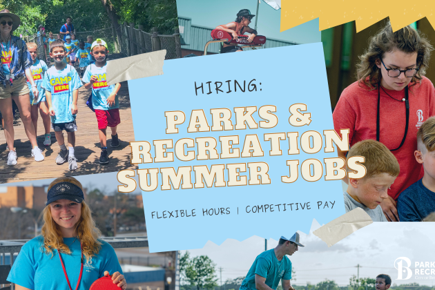 Graphic announcing Parks and Rec hiring. Text reads: Hiring Parks and Recreation Summer Jobs. Flexible Hours and Competitive Pay