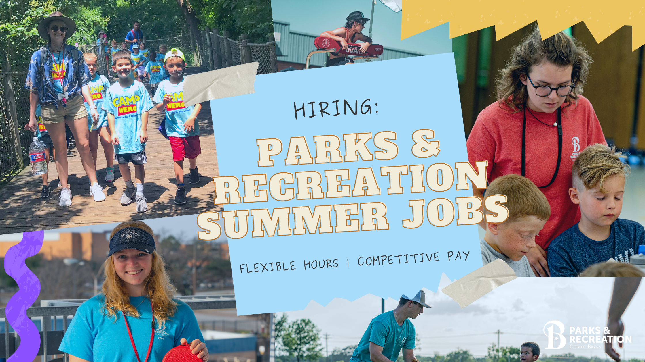 Graphic announcing Parks and Rec hiring. Text reads: Hiring Parks and Recreation Summer Jobs. Flexible Hours and Competitive Pay