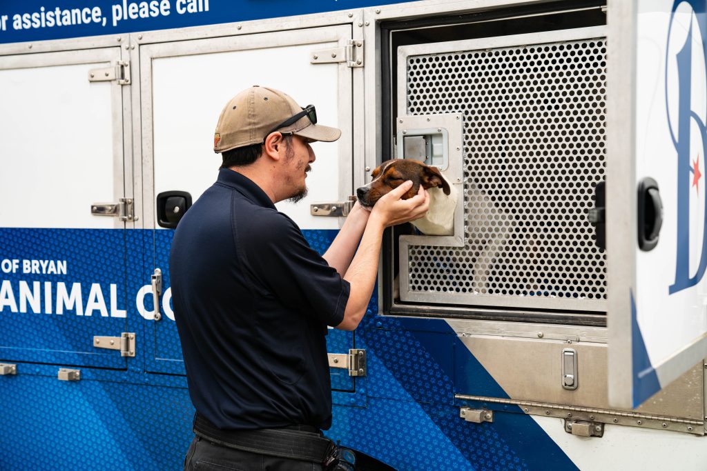 Animal Control officer petting a dog in the back of the Animal Control truck.