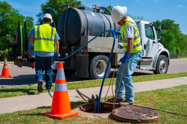 Wastewater worker removing cleaning pipes from a man hole.