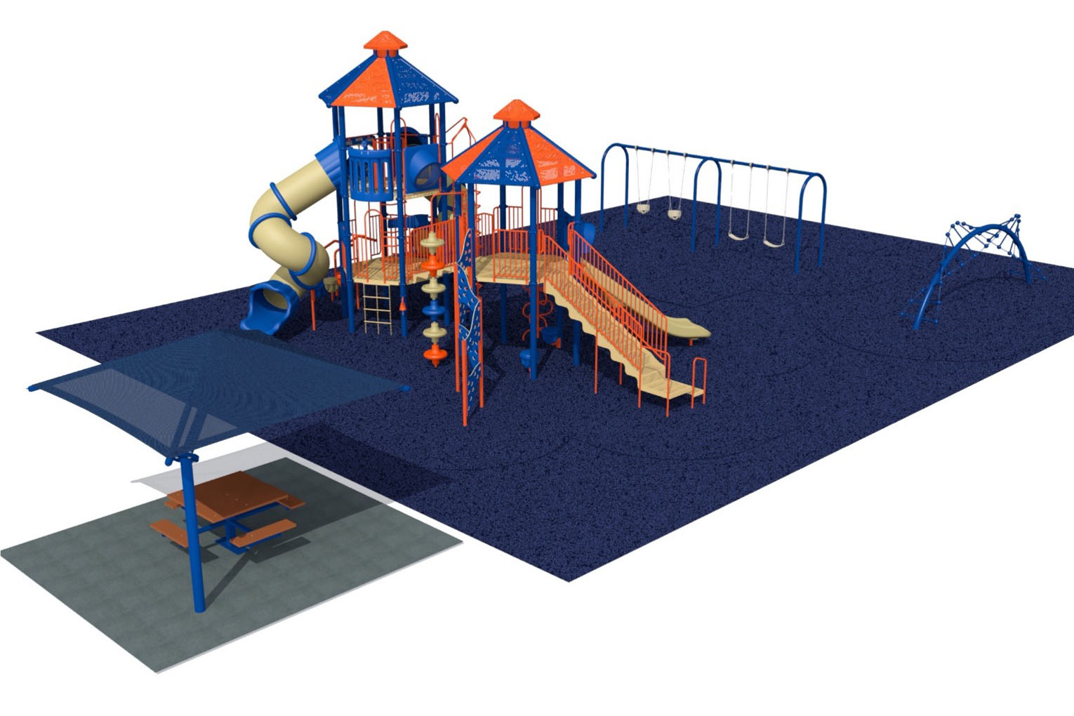 Rendering of playground equipment and a shaded picnic table