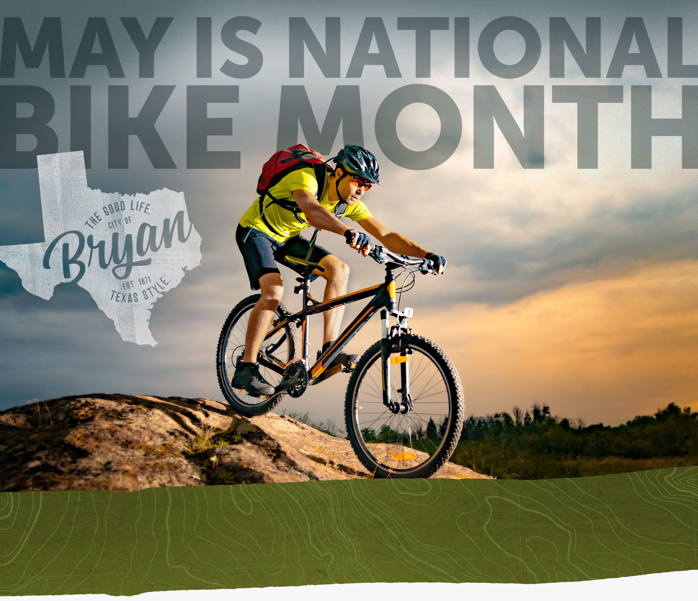 Photo of a man mountain biking with the Lake Bryan Logo and text that reads May is National Bike Month