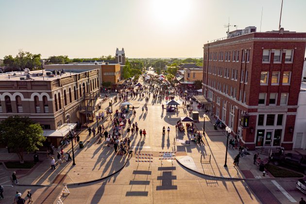 Drone image of First Friday in Downtown Bryan