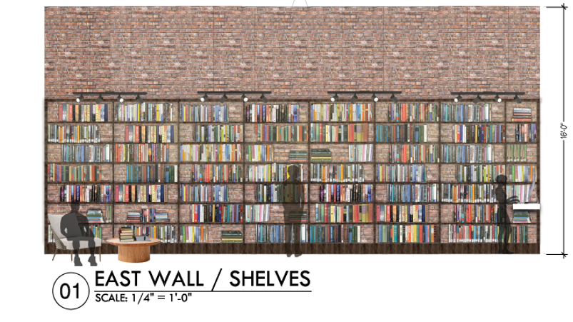 Rendering of east wall shelves of potential satellite library location at Lake Walk