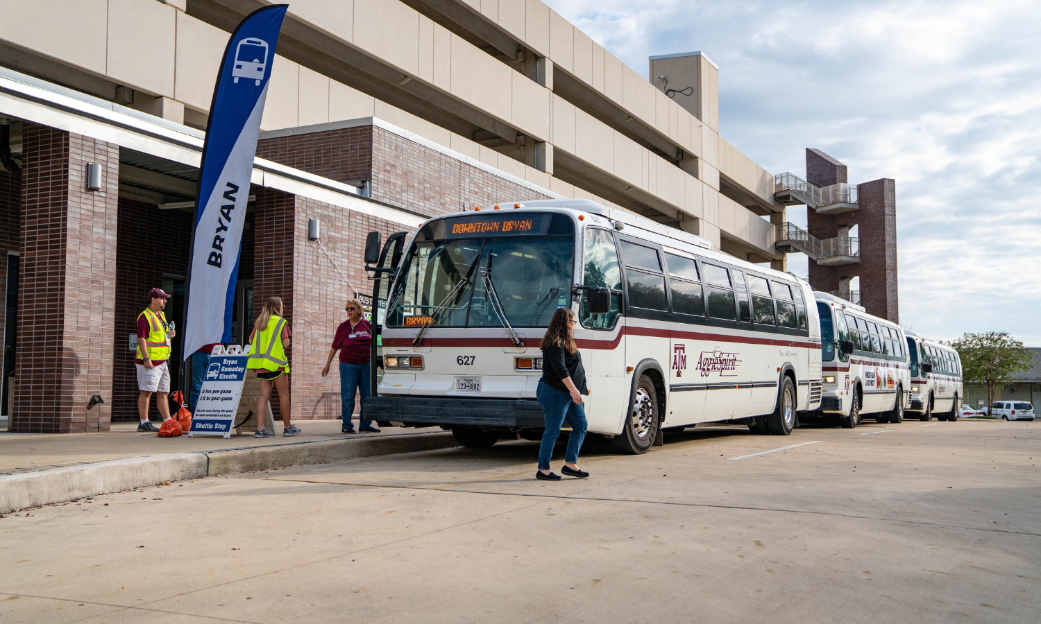 Gameday shuttle bus in Downtown Bryan