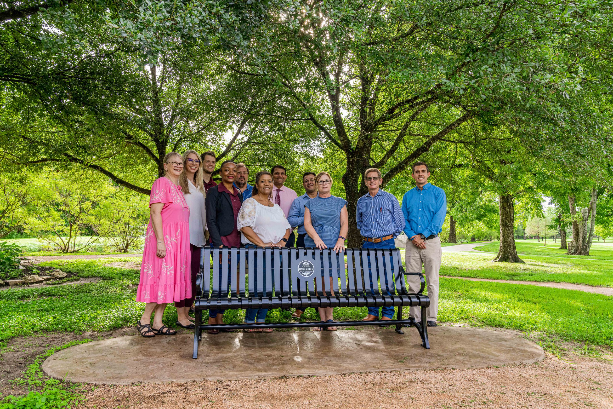 Photo of the bench dedicated to former councilmember Flynn Adcock.