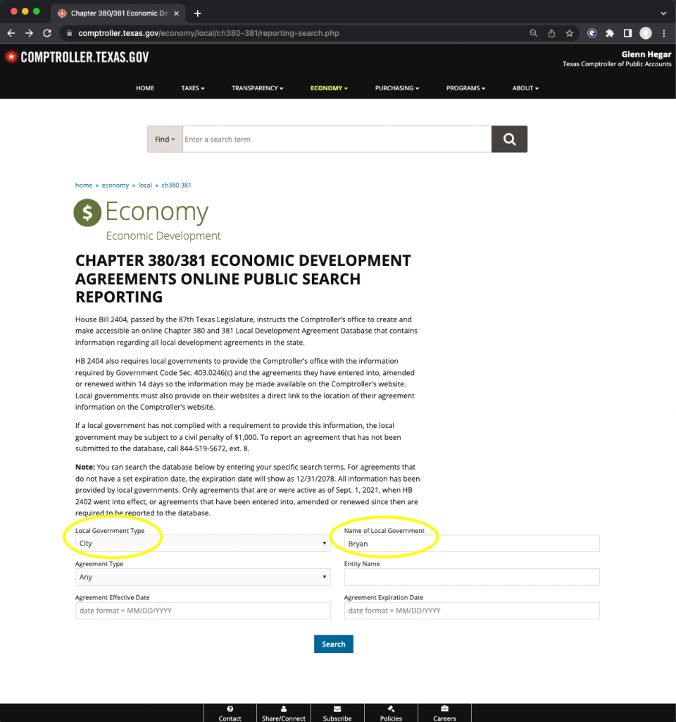 screenshot of the Texas Comptroller's website