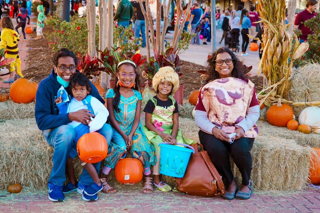 Photo of family dressed up for Halloween.
