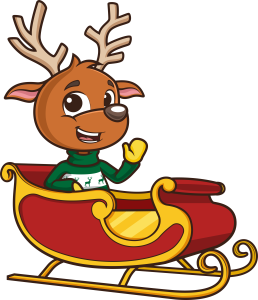 Dasher - reindeer wearing a green sweater in a sleigh